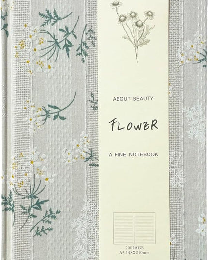Floral Journal for women, Floret Printed Fabric Cloth Hardcover, A5, 200 Pages, 6x8 Medium Ruled Notebook, Similar Embroidered Linen Journal, Lay Flat Church Notes Notebook, Beige
