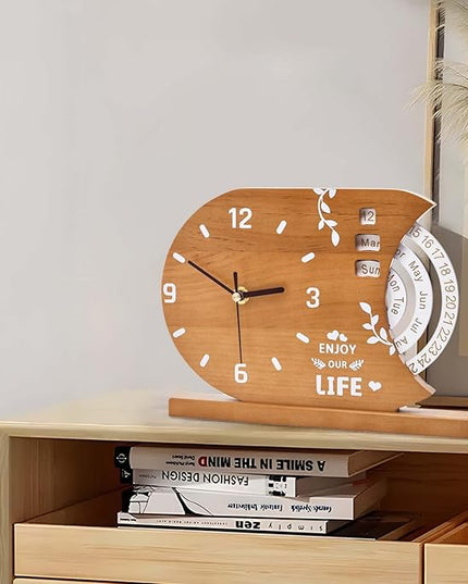2-in-1 Wooden Analog Clock & Calendar - Silent No Ticking Desk Clocks Perpetual Calendar for Office, Bedroom, Study - Vintage Home Shelf Table Decor - Flip Date, Month & Day of The Week