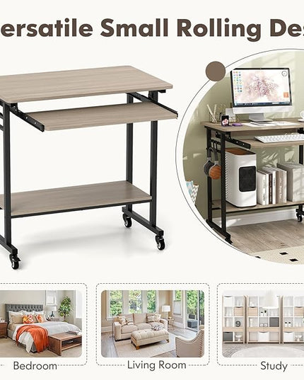 Tangkula Rolling Computer Desk Cart with Keyboard Tray, Mobile Portable Laptop PC Desk with CPU Stand & 3 Hooks for Sofa & Bed, Industrial Small Desk on Wheels for Small Spaces (Grey)