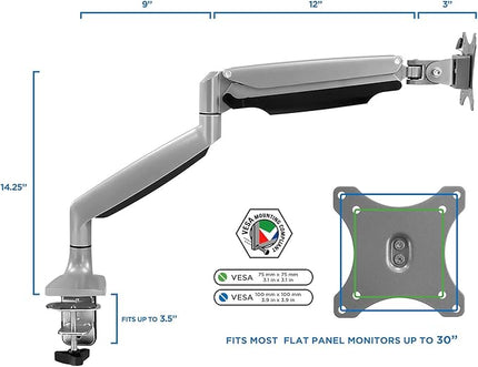 Mount-It! Single Monitor Arm Desk Mount | Gas Spring Monitor Arm | Full Motion Articulating Height Adjustable | Fits 21 22 23 24 27 30 32 Inch VESA Compatible Computer Screen | Clamp and Grommet Base