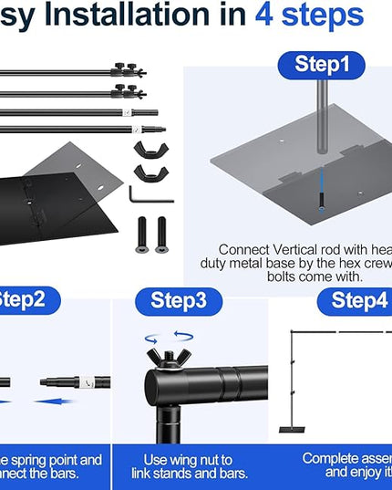 EMART Backdrop Stand, 6.5x10 ft Adjustable Photo Background Pipe and Drape Photography Kit with Heavy Duty Metal Flat Base for Parties, Wedding, Video Studio, Birthday - Black