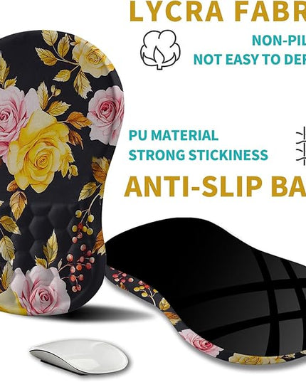 Hokafenle Ergonomic Mouse Pad Wrist Support, Wrist Rest Mousepad for Carpal Tunnel Pain Relief with Integrated Memory Foam Slope Massage Bulge (11.8x7.9 inch,Golden Powder Flower
