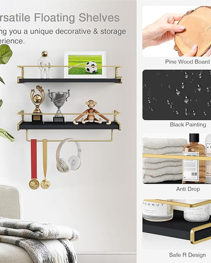 Forbena Black and Gold Bathroom Floating Shelves for Wall, Decorative Wall Mounted Shelves for Kitchen Coffee Bar Station Organizers and Storage, Hanging Shelving Unit for Bedroom Living Room (2-Pack)