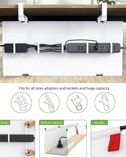 KEEGH No Drill Under Desk Cable Management Tray - 28" Cord Management Under Desk - Clamp/Screw Mount - Support Upto 70lbs - Fabric Wire Management - Gaming/PC Cable Raceways for Office/Home, White
