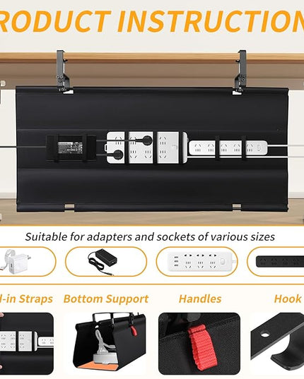 No Drill Under Desk Cable Management Tray, 36" Cord Organizer with Clamp, Fabric Cable Management for Standing Desks, Ideal for Home & Office - Black