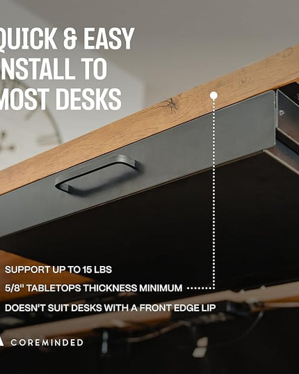 Under Desk Drawer Slide Out Attachment - Carbon Steel Undermount Table Drawer with Cable Management, Pull Out Add-On Storage for Office & Standing Desks (13" x 8" x 2.8")