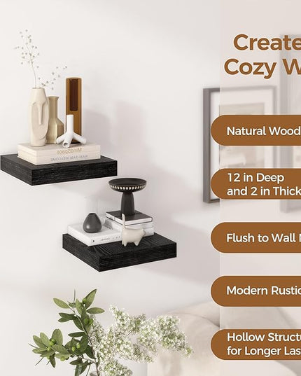 Fun Memories 12 Inch Floating Shelf, Rustic Wood Wall Shelves for Wall Decor & Storage, 12 x 12 Floating Shelf for Living Room, Bathroom, Bedroom, Black, Set of 2
