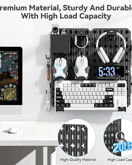 KDD Pegboard Combination Kit, Wall Mount Organization Peg Board with Mouse & Keyboard Holder, Pen Holder, Hooks, Headset & Controller Stand - Modular Hanging Organizer Accessories