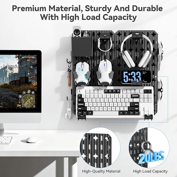 KDD Pegboard Combination Kit, Wall Mount Organization Peg Board with Mouse & Keyboard Holder, Pen Holder, Hooks, Headset & Controller Stand - Modular Hanging Organizer Accessories
