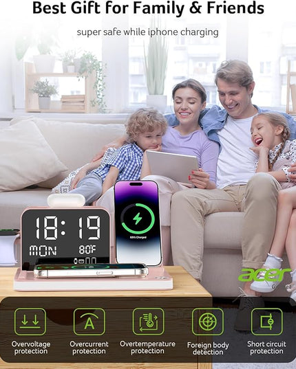 Acer 7-in-1 Wireless Charging Station with LED Clock - 30W Fast Wireless Charger for iPhone 16/15/14/13/12/Pro Max, Apple Watch, AirPods - Bluetooth Auto Time Sync & Night Lights (Pink)