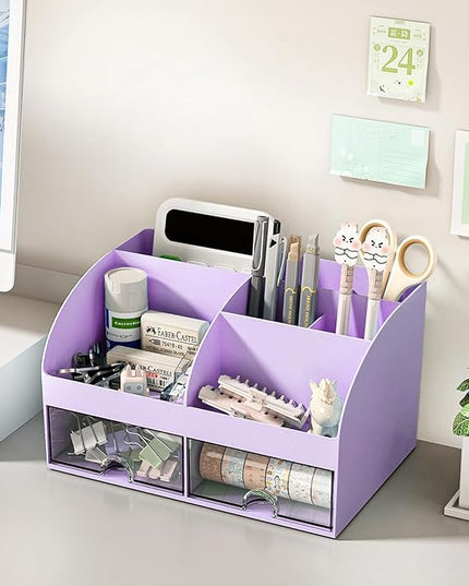 Desk Organizer with 6 Compartments and 2 Drawers, Plastic Makeup Organizer, Pen Holder for Desktop Storage, Desk Organization for School, Home, Office Supplies (Purple)