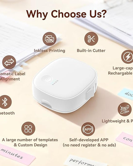Mini Label Maker Machine with Tape AH-P05, Portable Bluetooth Mini Label Printer, Wireless Thermal Label Maker, Waterproof & Rechargeable, Built-in Cutter, for Home, Office, Kitchen – White