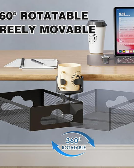 Cup Holder Under Desk Drawer 360° Swivel C-clamp Mounting Mesh Storage Box Spill-proof Easy Install Table Management Tray