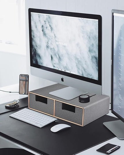 RHCSZ Linen Leather Desk Organizer with Drawers－Mini Desktop Drawer Organizer Stackable－Multifunctional Tabletop Organization Storage Box for Office Supplies Home Vanity Toiletries (Grey, 2-drawers)