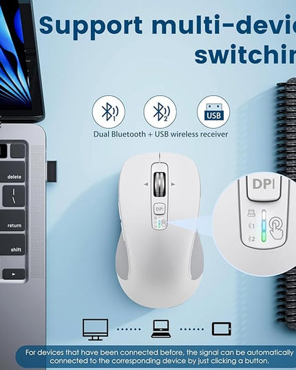 Wireless Bluetooth Mouse (USB + BT1 + BT2), Full Size, 4-Way Scrolling, Multi-Device Silent Mouse for Computer, Laptop, iPad, MacBook (White)