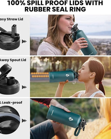 Insulated Water Bottle 87 oz, Triple Wall Vacuum Stainless Steel (Cold for 48 Hrs), Leak Proof & Non-BPA, Modern Water Flask Jug with Paracord Handle & Straw Spout Lids, Dark Green