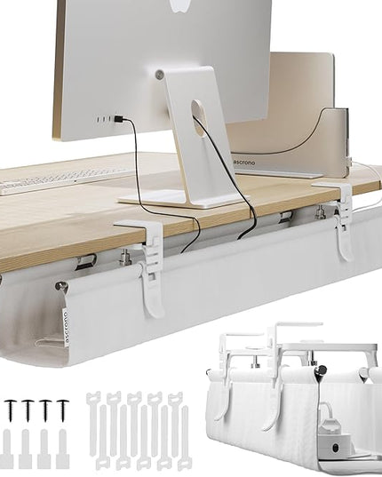 Ascrono Original No Drill Under Desk Cable Management Tray 40.6" - Premium White Fabric Cable Management Under Desk - Clamp/Screw Mount Cord Organizer - Supports Upto 66lbs - Large