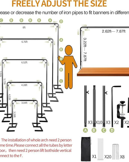 8.2FT Square Wedding Arch,Metal Arch Backdrop Stand Heavy Duty Adjustable,Extra 2 Clamp Change Over The Table Rod Stand,Black Balloon Arch Stand for Valentine Party Decor,Photoshoot Backdrop Stand Kit
