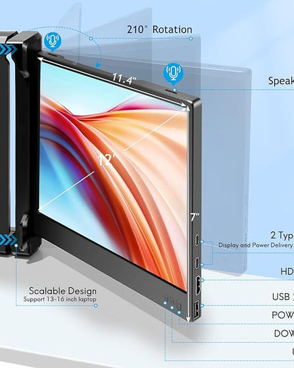 P2 Triple Portable Monitor for Laptop Screen Extender 12 Inch Dual Monitors Extender FHD 1080P IPS Display Type-C/HDMI/USB-A/Speakers for 13-16 Inch Notebook Computer Windows Mac Phone