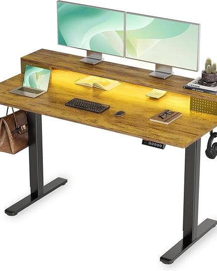 Claiks Electric Standing Desk with Shelf, 55 Inch Height Adjustable Standing Desk with LED Lights & Monitor Stand, Black Frame/Rustic Brown Top