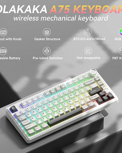 SOLAKAKA A75 75% Wireless Mechanical Keyboard, Hot Swappable Gaming Keyboard with Multifunction Knob & RGB, Gasket Mounted Creamy Keyboard, PBT Keycaps, Compact Layout for Win/Mac/PC