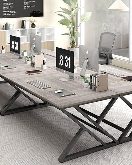 HSH 70.8 Modern Office Desk, Large Long Wood Metal Computer Desk, Industrial Double Executive Desks for Two People, Rustic PC Workstation Work Study Writing Computer Table for Home, Light Grey Oak