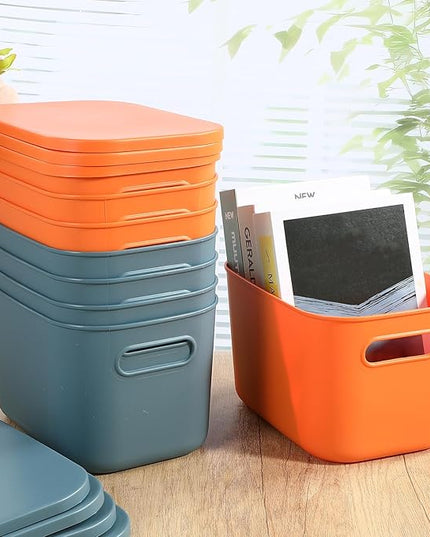 Hoolerry 8 Pieces Colorful Storage Bins with Lid, Plastic Storage Basket Organizing Container Stackable Box with Handle for Shelves Desktop Playroom Office(10.2 x 7 x 6.3 Inch,Blue and Orange)