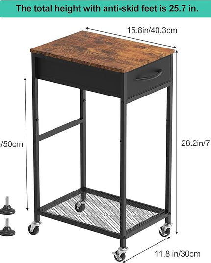 Computer Tower Stand PC Tower Stand with Storage Drawer 2 Tier Wood Rolling CPU Holder Stand Mobile Printer Cart on Wheels for Home Office, Industiral Brown and Black
