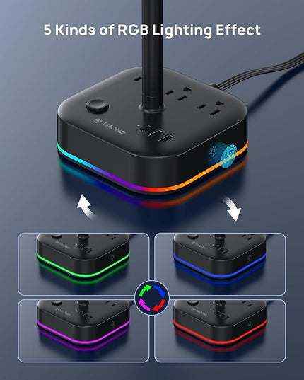 TROND Headphone Stand with USB C, Desk Gaming Headset Holder with 3 AC Outlets, 2 USB-A and 1 USB-C, Headset Stand with 5 RGB Light Modes, for Gaming Desk Accessories Gamer Boyfriend Gifts