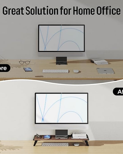loukin Monitor Stand Riser for Desk, 22.4" x 8.3" Larger Computer Stand for Laptop, PC, Printer, Sturdy Desktop Computer Shelf with Non-Skid Rubber, Home Office (Brown)
