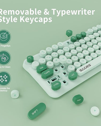 Wireless Keyboard and Mouse,Cute Retro Typewriter Computer Keyboard and Mouse Sets,Full Size 2.4G Cordless Colorful Round Keycaps Keyboard with Silent Mouse for PC Windows Laptop Office-Multi Green