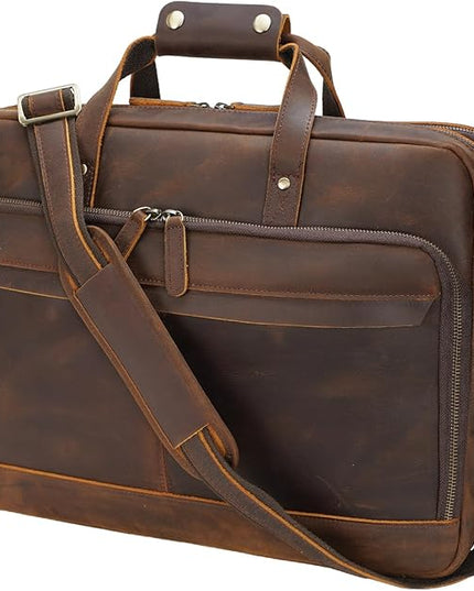 Masa Kawa Leather Briefcase for Men 17/15.6" Laptop Crossbody Shoulder Messenger Bag Business Travel Work Attache Case
