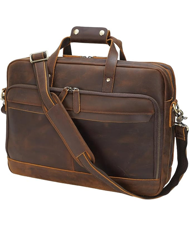 Masa Kawa Leather Briefcase for Men 17/15.6" Laptop Crossbody Shoulder Messenger Bag Business Travel Work Attache Case
