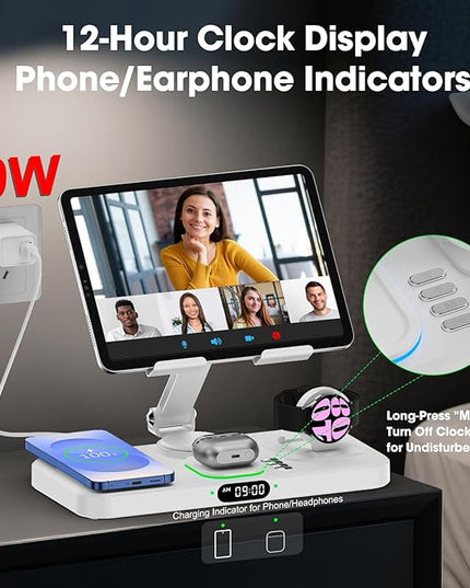 30W Tablet Wireless Charger for Samsung, Foldable Android Charging Station with Clock Display with 7-Color Light, Wireless Watch Charger for S25, Only Compatible Samsung Watch, Galaxy Buds3 Pro(White