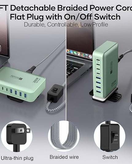 8-Port Multiple Charger Station 200W with Flat Plug, Braided Power Cord, and On/Off Switch- USB Charging Hub for iPhone, iPad, MacBook and More- 65W C Port Power Adapter for Laptops