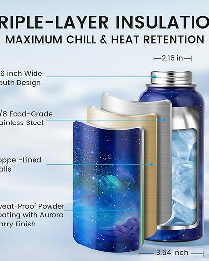 32oz Insulated Water Bottle, Triple Wall Vacuum Stainless Steel Water Bottles - Keeps Cold 48H, Reusable Metal water flask Jug for Gym, Sports, Camping, Hiking,Travel, Aurora-Purple