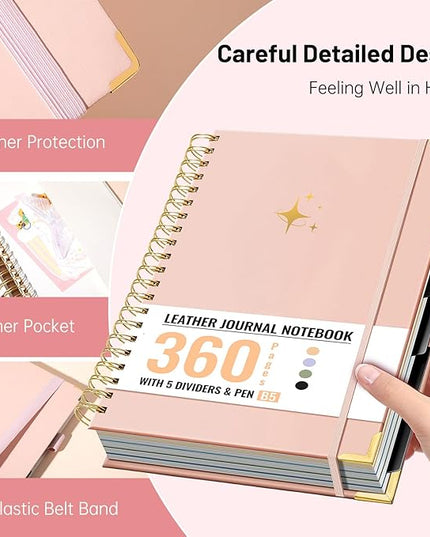 FLYING EAGLE Leather Spiral Notebooks for Work 5 Subject Notebook College Ruled with Dividers Pen, 360 Pages B5 Hardcover Lined Journals for Women Men Writing,Pink