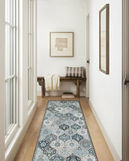 Lahome Moroccan Washable Runner Rug, 2'5''x8' Ultra-Thin Vintage Kitchen Runners for Hallways, Oriental Non-Slip Hallway Rug Carpet for Entryway Bedroom Laundry Room Foyer, Blue