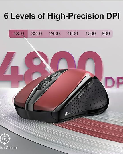 TECKNET Wireless Mouse (2.4G & BT5.0/3.0) Silent 4800 DPI Computer USB A & Bluetooth Mouse 6 Buttons, Wide Compatibility - Red