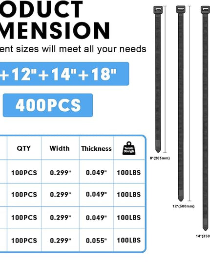 Zip Ties Assorted Sizes, RAZCC 400 Pack (8+12+14+18Inch) Black Cable Ties, Self-Locking Plastic Wire Ties with 100lb Tensile Strength, Black Nylon Zip Ties for Indoor and Outdoor