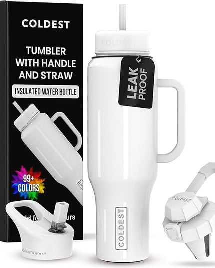 Coldest Tumbler with Handle and Straw, 100% Spill Proof Tumbler with Straw (3 Lids), Stainless Steel Insulated Leakproof Tumblers for Women & Men, Cup Holder Friendly, 46 oz (Snow Reflections)
