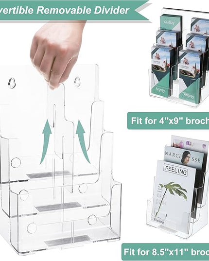 Argvey Acrylic Brochure Holder 8.5 x 11 inches, 3 Tier Clear Literature Holder with Removable Divider for Trifold 4 Inches Wide Pamphlet, Plastic Flyer Display Stand for Magazine, Document, Booklet