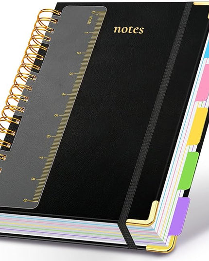 Hardcover Spiral Notebook 8"x10" Journal Notebook with Tabs and Removable Dividers 300 Pages 5 Subject Notebook College Ruled, Faux Leather Spiral Bound Notebook for Women School Work (Black)