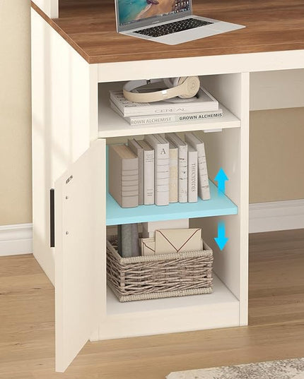 65 Inch Computer Desk with 3 Drawers & Storage Shelves, Executive Desk with File Drawer & Cabinet, Home Office Desk with Long Monitor Stand & Printer Shelf, Antique White