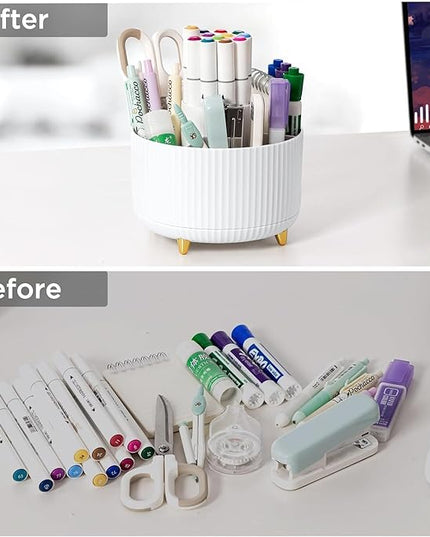Desk Organizers and Accessories Set with 360-Degree Rotating Pen Holder, Acrylic Stapler, Tape Holder, Staple Remover, Binder/Paper Clips Kit, Scissor and 1 Box of Staples