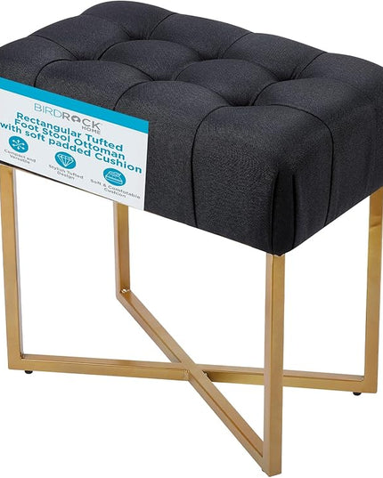 BIRDROCK HOME Rectangular Tufted Foot Stool Ottoman with Soft Padded Cushion - Versatile Vanity Chair for Bedroom, Living Room, Bathroom - Compact Seating for Adults - Black with Pale Gold Metal Legs