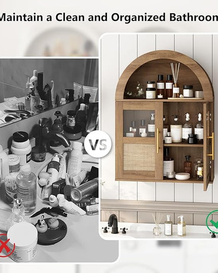 RUSTOWN Arched Bathroom Wall Cabinet, Rattan Medicine Cabinet with 2 Glass Doors, Farmhouse Over The Toilet Storage Cabinets with Adjustable Shelves, 3-Tier Wall Mounted Cabinets