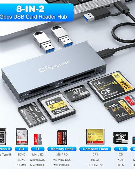 8 in 1 CFexpress Type B Card Reader, 10Gbps Multi CF Express Reader for CFexpress Type B/CF/XD/MS/TF/SD Reader, CFexpress Adapter Memory Card Reader with USB Gen 3.2 * 2 for Windows/Mac/Linux/Android