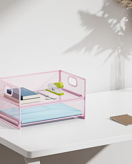 Marbrasse 2 Tier Paper Organizer Letter Tray, Mesh File Organizer with Handle, Paper Sorter Desk Organizer for Home Office Supplies - Pink