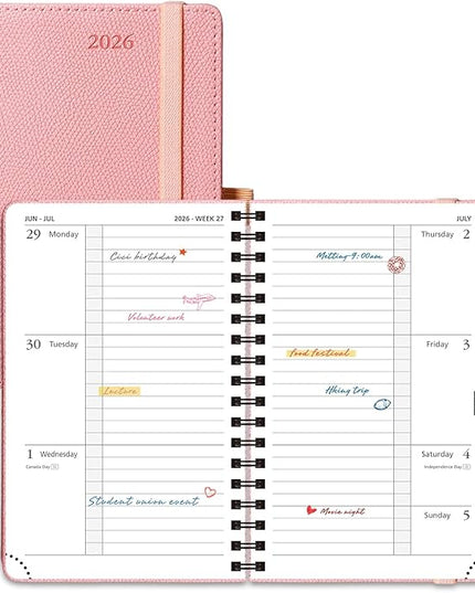 POPRUN 2026 Pocket Planner, (Small Size-4'' x 6.25'') - Daily Weekly and Monthly Calendar Agenda 2026 Appointment Book with Monthly Tabs, Spiral Soft Cover, Inner Pocket, 100 GSM - Soft Pink